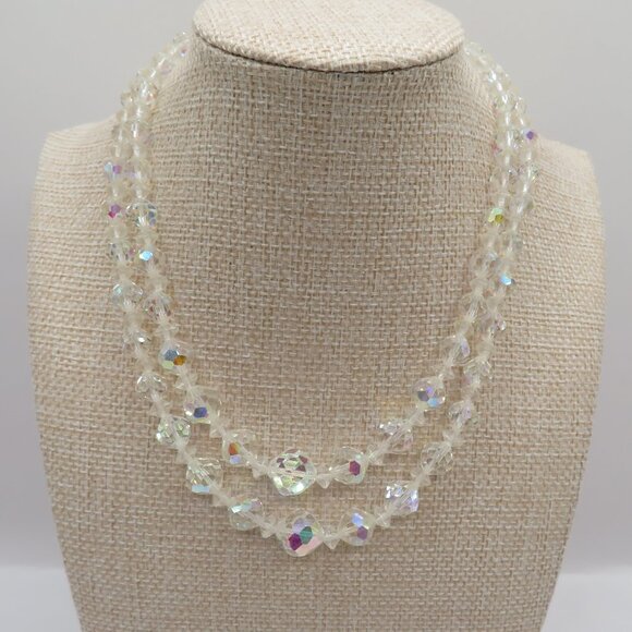Vintage Aurora Borealis AB Faceted Crystal Double Strand Choker Style Necklace - Picture 1 of 13